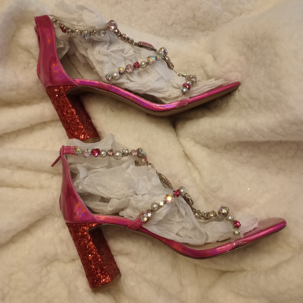 Betsey Johnson Astrid Pink Jeweled T-Strap Block Heel Sandals - Picture 5 of 10